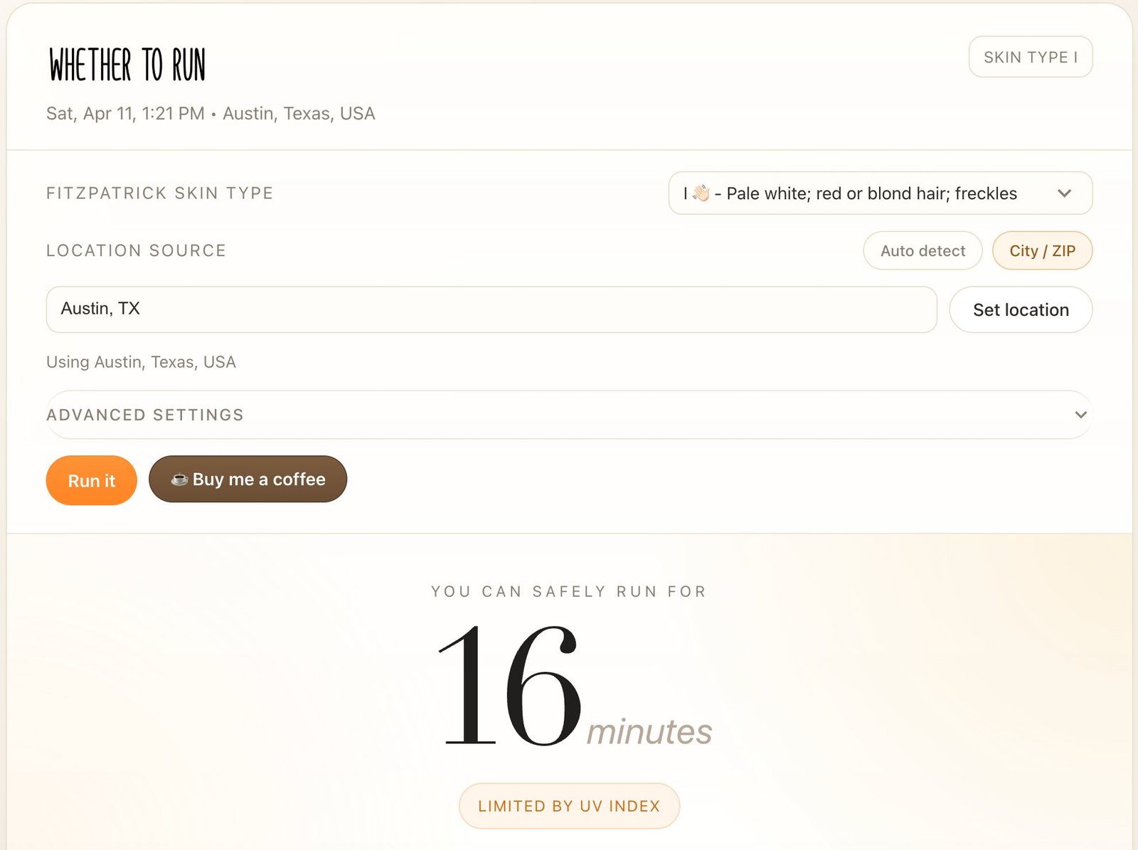 WhetherToRun app showing 16 minutes safe run time for skin type I in Austin, Texas, limited by UV index